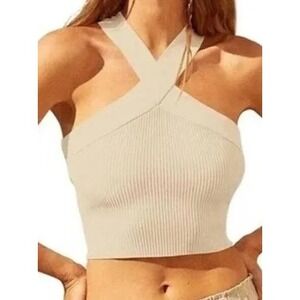 House of Harlow 1960 Cream Knit Crop Halter‎ Top, Women's Size Large, NWT